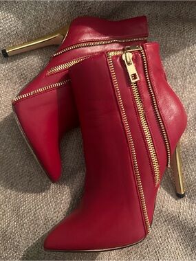 Catherine Malandrino Red Leather Stiletto Ankle Boots with Gold Zippers